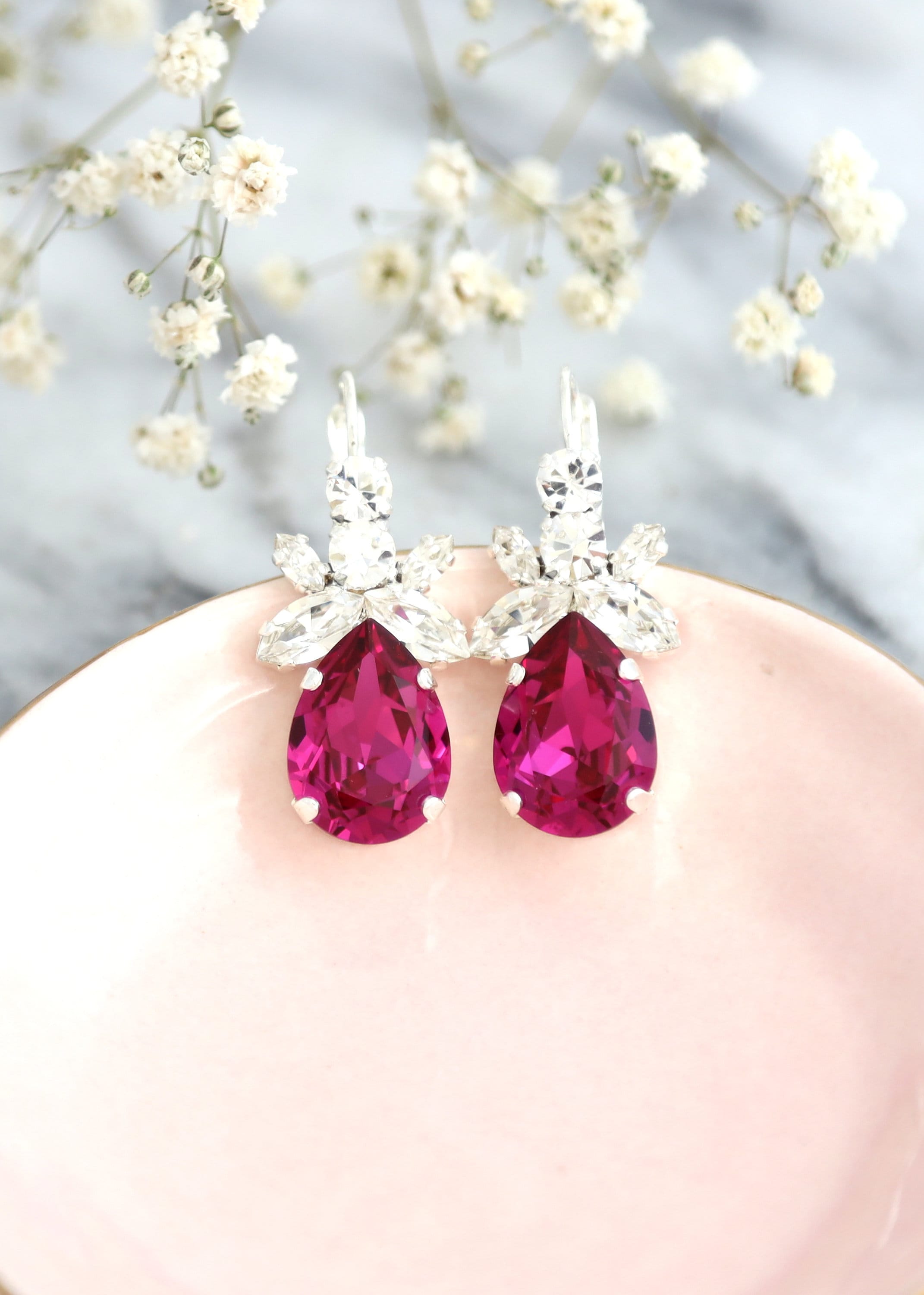 Clear Crystal Rose Flower Drop Earrings In Silver Tone/ Light Pink/ 50mm Tall