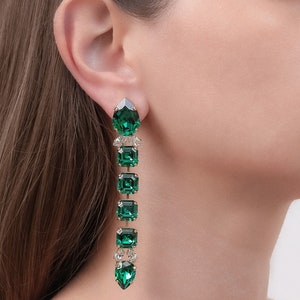 Emerald Long Earring, Emerald Crystal Long Earrings, Dark Green Chandelier Bridal Earrings, Statement Emerald Green Drop Earrings image 2