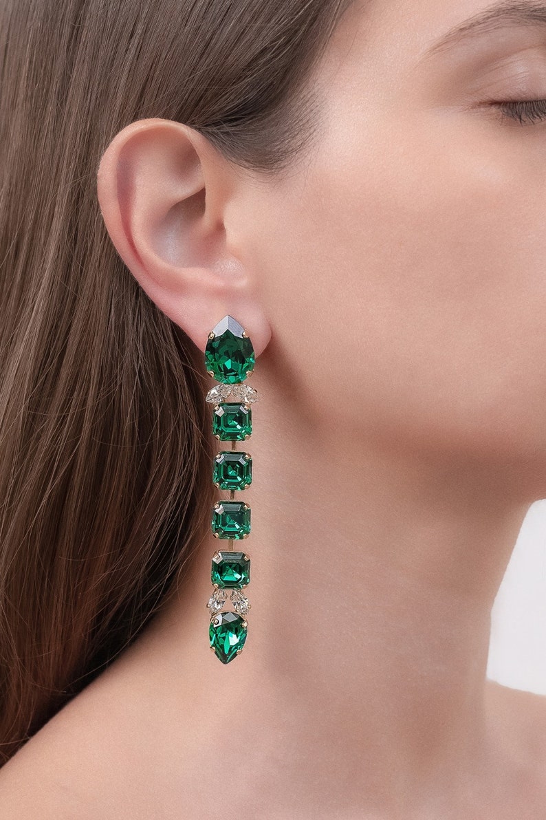 Emerald Long Earring, Emerald Crystal Long Earrings, Dark Green Chandelier Bridal Earrings, Statement Emerald Green Drop Earrings image 2