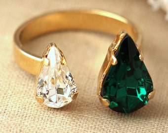 Anillo doble de cristal esmeralda, anillo esmeralda de cristal esmeralda, anillos de cristal de tendencia, anillo ajustable de cristal esmeralda para mujer, regalo para ella