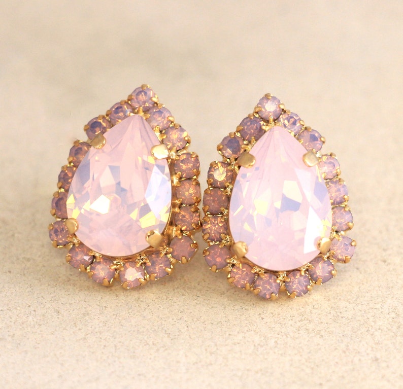 Pink Opal Crystal Stud Earrings, Rose Quartz Earrings, Pastel Pink Opal Earrings, Powder Pink Bridal Earrings, Bridesmaids Pink Earrings image 3