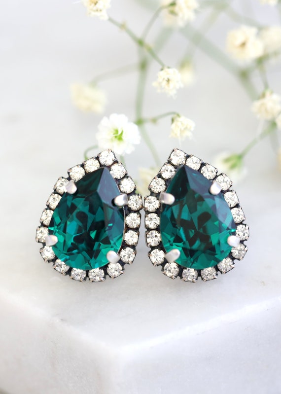 Emerald Stud Earrings Dark Green Crystal Bridal Earrings - Etsy