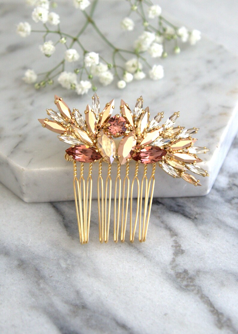 Bridal Hair Comb, Rose Gold Bridal Hair Comb, Rhinestone Hair Comb, Bridal Blush Hair Accessories, Rose Gold Hair Comb, Blush Hair Comb image 1