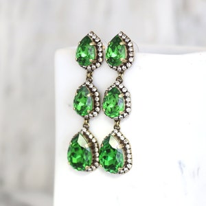 Green Long Chandelier, Bridal Green Chandelier Long Earrings, Fern Green Statement Earrings, Greenery Bridal Jewelry, Long Crystal Earrings image 1
