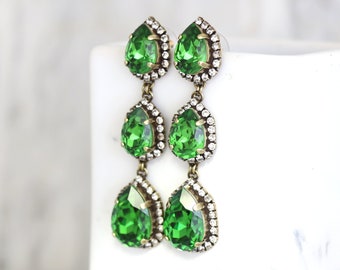 Green Long Crystal Chandelier Earrings, Bridal Green Statement Earrings, Fern Green Long Earrings, Greenery Bridal Jewelry, Wedding Earrings