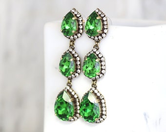 Green Long Chandelier, Bridal Green Chandelier Long Earrings, Fern Green Statement Earrings, Greenery Bridal Jewelry, Long Crystal Earrings