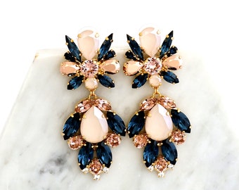 Blue Navy Blush Earrings, Blue Navy Bridal Statement Earrings, Bridal Blue Blush LONG Earrings, Blue Navy Blush Rose Chandelier Earrings