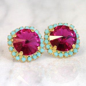 Pink Fuchsia Earrings, Hot Pink Crystal Pink Fuchsia Turquoise Gold or Silver Stud Earrings, Pink Turquoise Crystal Bridesmaids Earrings image 6