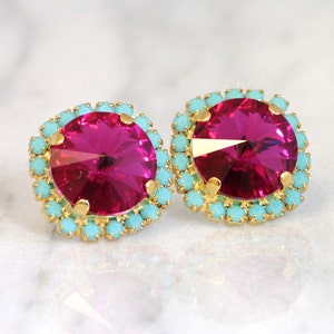 Roze Fuchsia Oorbellen, Hot Pink Crystal Pink Fuchsia Turquoise Gold of Silver Stud Oorbellen, Roze Turquoise Crystal Bruidsmeisjes Oorbellen afbeelding 6