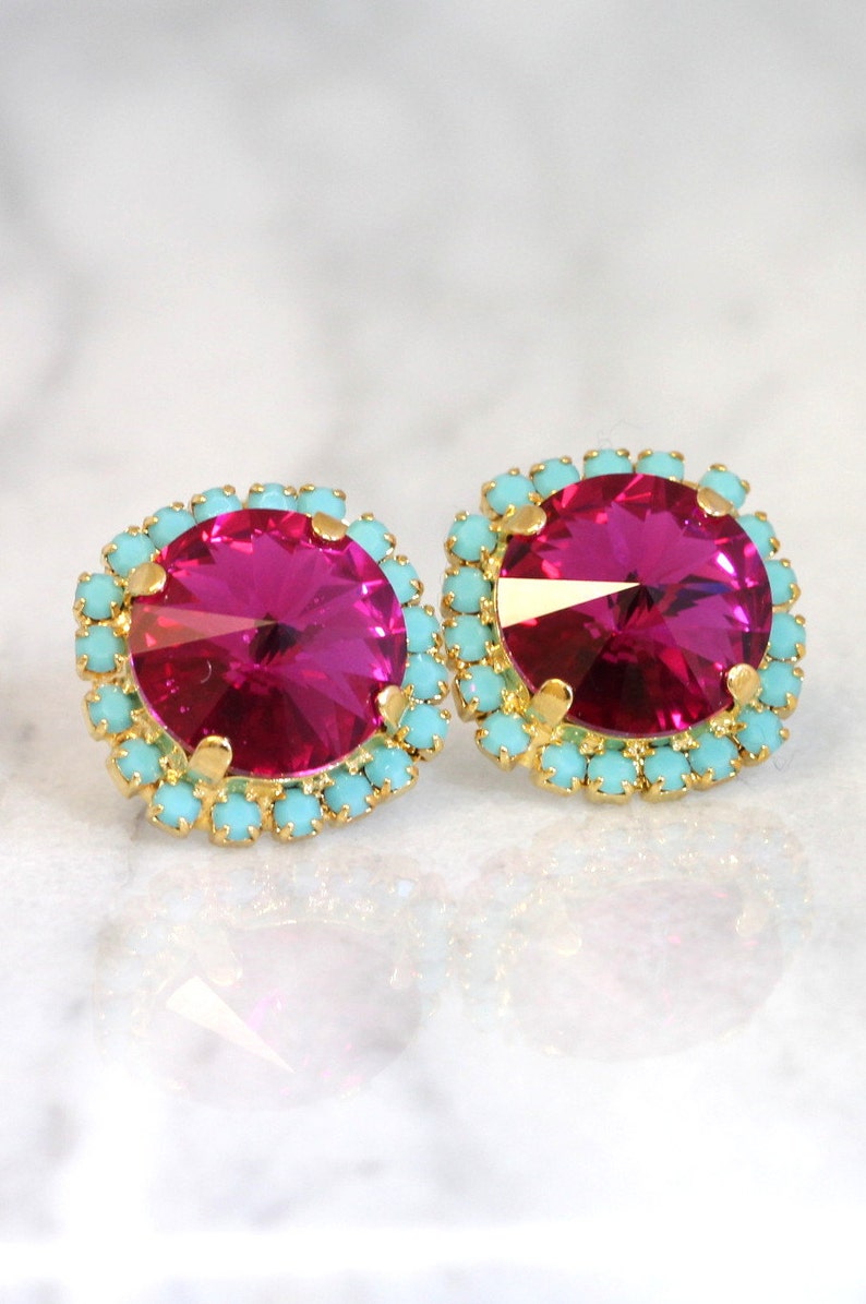 Pink Fuchsia Earrings, Hot Pink Crystal Pink Fuchsia Turquoise Gold or Silver Stud Earrings, Pink Turquoise Crystal Bridesmaids Earrings image 6