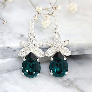 Emerald Green Bridal Earrings, Dark Green Crystal Earrings, Bridal Emerald Earrings, Green Emerald Dangle Earrings, Green Blue Drop Earrings image 6
