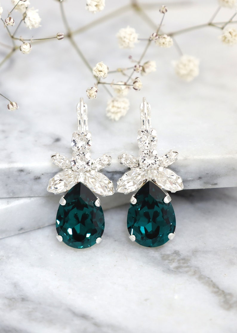 Emerald Green Bridal Earrings, Dark Green Crystal Earrings, Bridal Emerald Earrings, Green Emerald Dangle Earrings, Green Blue Drop Earrings image 6