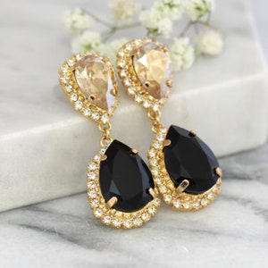 Black Gold Earrings, Black Chandelier earrings, Bridal Drop earrings ,Bridal Black Earrings, Champagne Black Statement Earrings image 9