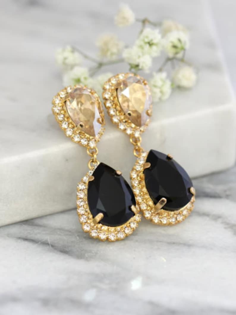 Black Gold Earrings, Black Chandelier earrings, Bridal Drop earrings ,Bridal Black Earrings, Champagne Black Statement Earrings image 9