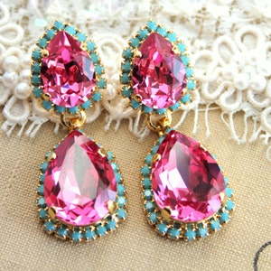 Pink Chandelier Earrings, Pink LONG Earrings, Pink Turquoise Earrings, Pink Chandelier Earrings, Pink Rose Drop Earrings, Pink Earrings image 1