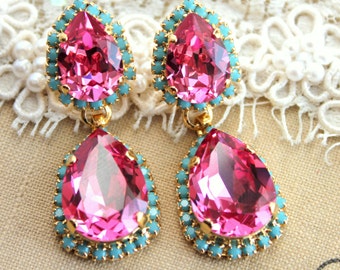 Pink Chandelier Earrings, Pink LONG Earrings, Pink Turquoise Earrings, Pink Chandelier Earrings, Pink Rose Drop Earrings, Pink Earrings