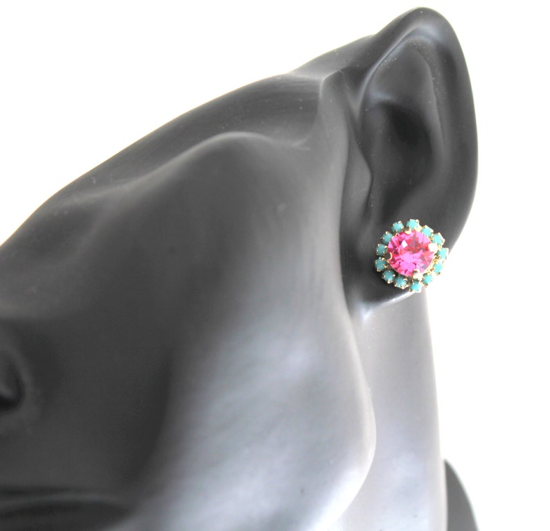 Pink Blue Stud Stud Earrings, Pink Crystal Earrings, Bridesmaids Earrings, Gift For Women, Handmade Pink Earrings, Pink Turquoise Earrings image 4
