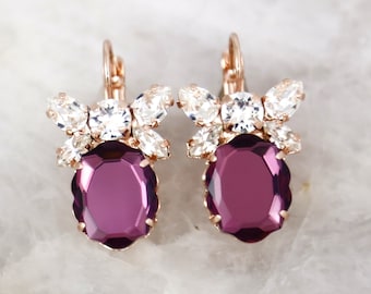 Pendientes colgantes de cristal morado, pendientes de novia de cristal morado ciruela, pendientes de cristal morado amatista, regalo para ella, pendientes para damas de honor.