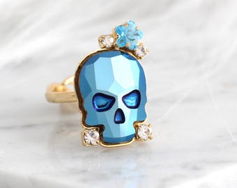 Skull Ring, Sugar Skull Ring, Cocktail Ring, Gothic Ring, Boho Chic Ring, Blue Ring, Adjustable Skull Crystal Ring, Gift For Woman.