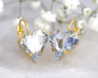 Dusty Blue Drop Earrings, Heart Drop Earrings, Bridal Light Blue Crystal Drop Earrings, Gift For Her, Bridal Something Blue Earrings