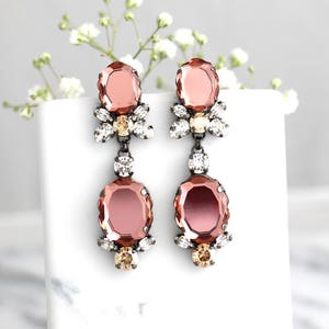 Blush Earrings, Bridal Blush Earrings, Blush Chandelier Earrings, Bridal Dark Pink Long Earrings, Blush Rose Long Crystal Chandeliers image 2