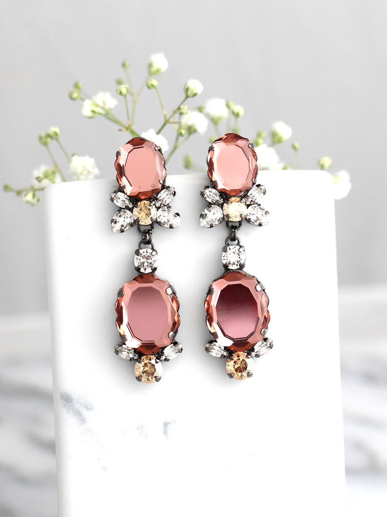 Blush Earrings, Bridal Blush Earrings, Blush Chandelier Earrings, Bridal Dark Pink Long Earrings, Blush Rose Long Crystal Chandeliers image 2