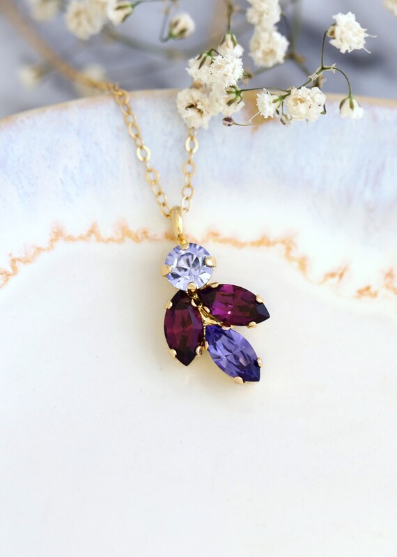 Purple Bridal Necklace, Bridesmaids Purple Necklaces, Purple Necklace,  Bridal Violet Necklace, Purple Crystal Cluster Gold Necklace