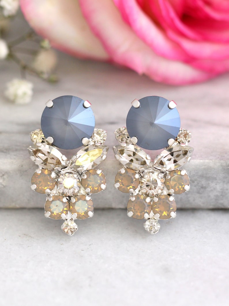 Gray Stud Earrings, Bridal Gray Opal Earrings, Gray Dove Silver Bridal Earrings, Silver Gray Earrings, Silver Cluster Gray Crystal Earrings image 1