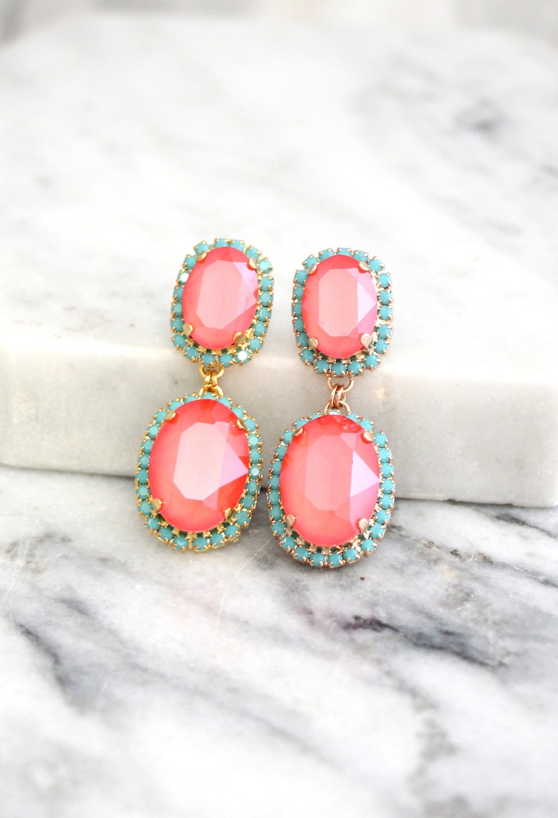 Coral Mint Earrings, Coral Chandelier Crystal Drop Earrings, Coral Mint Chandelier Earrings, Coral Bridal Long Dangle Earrings, Gift For Her image 1