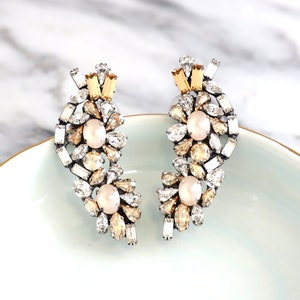 Bridal Climbing Earrings, Ivory Cream Earrings, Ear Crawler Earrings,Ear Cuff Earrings, Champagne Crystal Earrings, Boho Chic Earrings