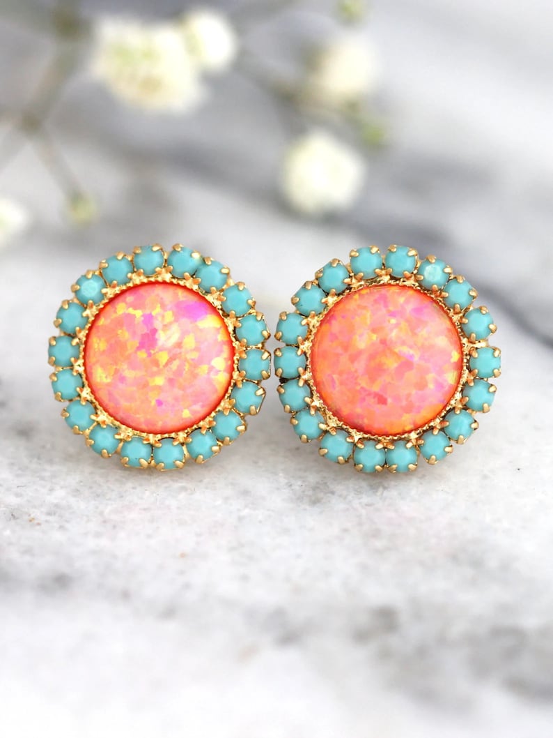 Opal earrings, Coral Mint earrings, Opal Stud Earrings, Tangerine bridesmaids Earrings, Gift For Her, Orange Earrings, Fire Opal Earrings image 8