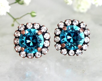 Blue Teal Earrings, Bridal Blue Earrings, Bridesmaids Earrings, Blue Stud Earrings, Blue Zirkon Crystal Stud Earrings, Bridal Something Blue