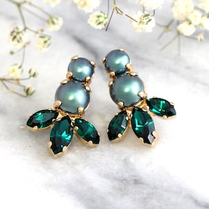 Emerald Earrings, Bridal Emerald Earrings, Tahitian Pearl Earrings, Dark Green Crystal Earrings, Emerald Bridesmaids Earrings, Gift For Her