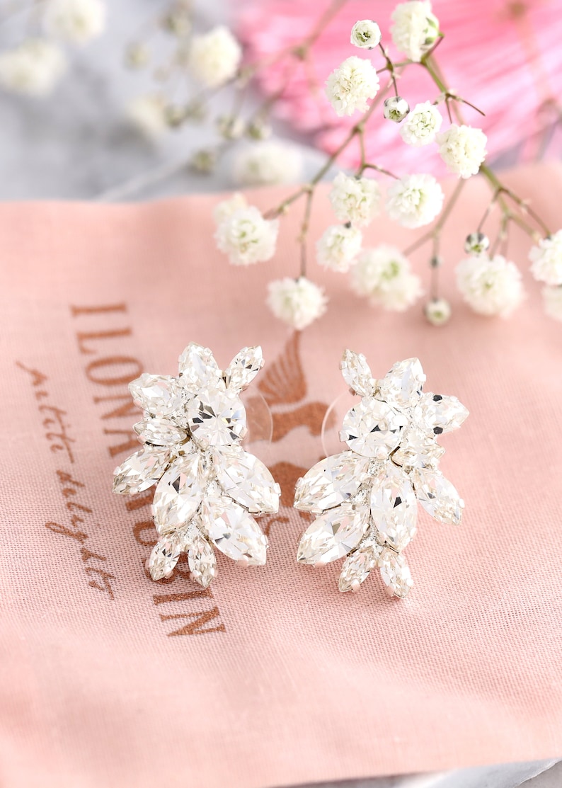 Bridal Earrings, Clear Crystal Bridal Cluster Earrings, Bridal Cluster Crystal Earrings, Crystal Stud Earrings, Bridal Rose Gold Earrings Silver finish