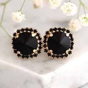 Black Earrings, Black Stud Earrings, Black Crystal Stud Earrings, Gift for her, Gold Black Earrings, Christmas Gift, Black Crystal Studs image 4