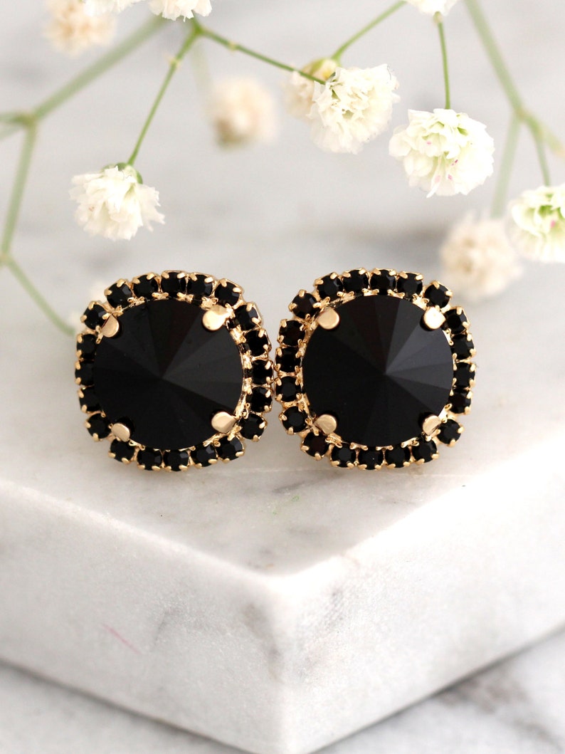 Black Earrings, Black Stud Earrings, Black Crystal Stud Earrings, Gift for her, Gold Black Earrings, Christmas Gift, Black Crystal Studs image 4