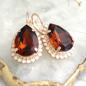 Brown Crystal Drop Earrings, Bridal Burgundy Earrings, Topaz Crystal Earrings, Brown Crystal Drop Earrings, Smoked Topaz Drop Earrings.