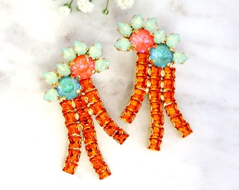 Coral Mint Earrings, Orange Green Crystal  Cluster Earrings, Orange Climbing Earrings, Coral Ming Statement Earrings, Orange Green Studs