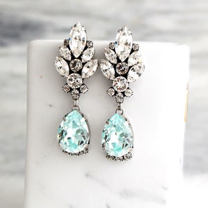 Aquamarine Chandelier Crystal Long Earrings, Aquamarine Earrings, Aquamarine Bridal Silver Earrings, Aqua Blue Bride Drop Long Earrings