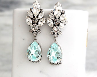 Bridal Earrings, Aquamarine Earrings, Aquamarine Bridal Silver Earrings, Light Blue Chandelier Crystal Earrings, Bride Drop Long Earrings