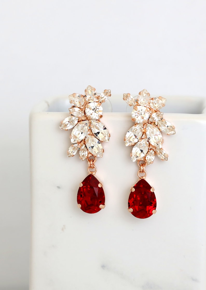 Red Ruby Bridal Earrings, Bridal Red Wine Chandelier Earrings, Red Crystal Drop Earrings, Maroon Crystal Earrings, Bridal Red Earrings image 4