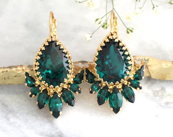 Emerald Earrings, Bridal Emerald Earrings, Green Emerald Drop Earrings, Emerald Crystal Drop Gold Earrings, Bridesmaids Emerald Earrings