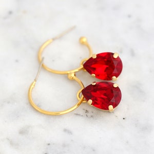 Red Crystal Earrings, Hoop Earrings, Red Ruby Gold Hoop Earrings, Gift For Her, Red Scarlet Crystal Drop Earrings, Crimson Crystal Earrings