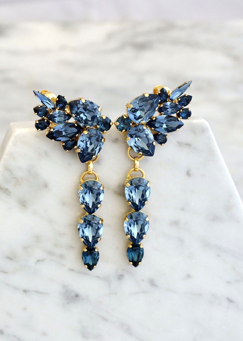 Blue Navy Chandelier Earrings, Blue Navy Climbing Chandelier Earrings, Bridal Dark Blue Earrings, Statement Blue Navy Ear Crawler Earrings image 8