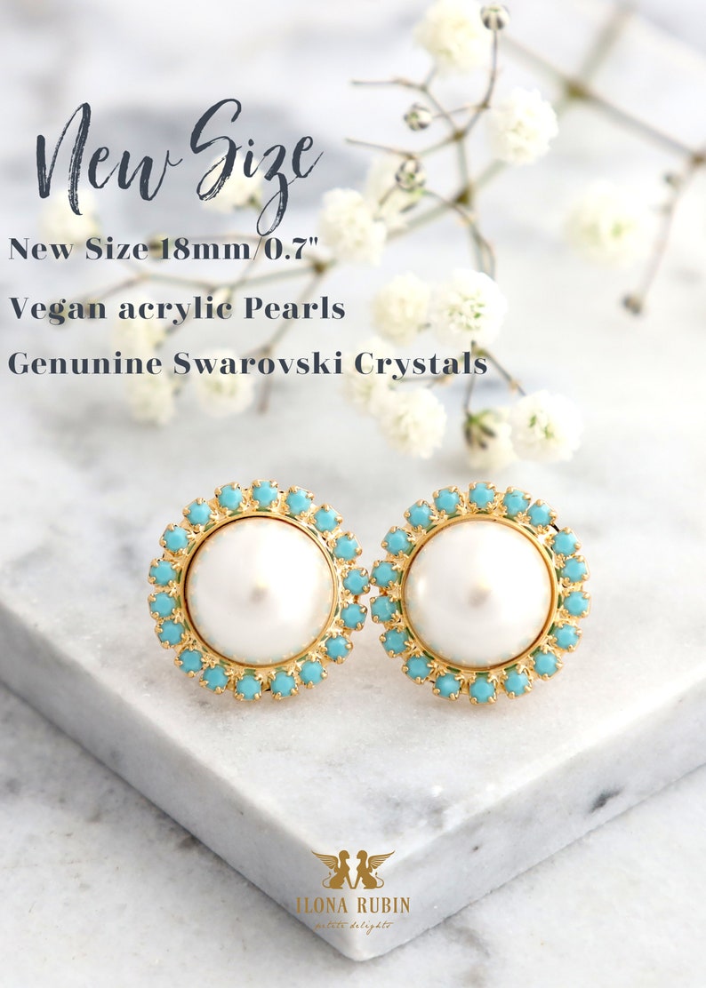 Pearl Earrings, Pearl Turquoise Stud Earrings, Gift For Her, Bridesmaids Earrings, Bridal Pearl Earrings, Bridal White Pearl Turquoise Studs image 2