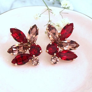 Ruby Red Cluster Earrings, Red Pink Crystal Earrings, Bridal Ruby Blush Crystal Stud Earrings, Bridesmaids Red Earrings, Gift For Her.
