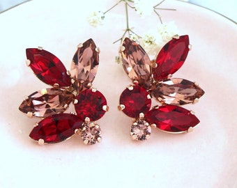 Ruby Red cluster Earrings, Red Pink Crystal Earrings, Bridal Ruby Blush Crystal Stud Earrings, Bridesmaids Red Earrings, Gift For Her.