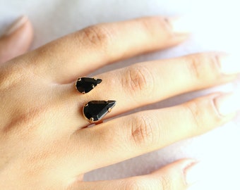 Black Cocktail Ring, Black Gold Crystal Adjustable Ring, Crystal Cocktail Ring, Black Crystal Ring, Gift For Her, Duel Black Ring