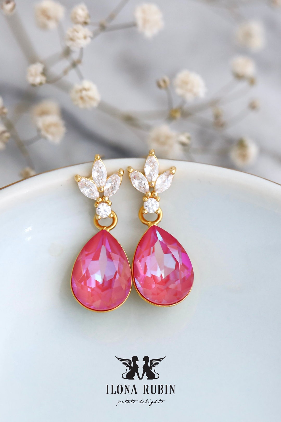 Pink Drop Earrings, Pink Neon Crystal Earrings, Hot Pink Chandelier ...