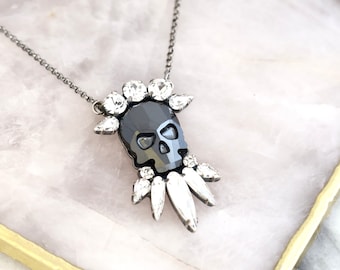 Skull Necklace, Sugar Skull Crystal Necklace, Bridal Gothic Jewelry, Skull Jewelry, Silver Skull Jewelry For Woman, Gothic Wedding Jewelry